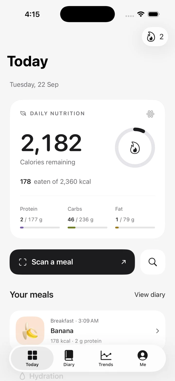 Nomivo Today screen with example food logs